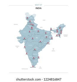 India vector map. Editable template with regions, cities, red pins and blue surface on white background. 