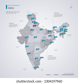 India vector map with infographic elements, pointer marks. Editable template with regions, cities and capital Delhi. 