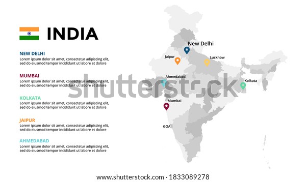 India vector map\
infographic template. Slide presentation. New Deli, Mumbai,\
Kolkata, Jaipur, Ahmedabad, Goa. Asia country. World transportation\
geography data. 