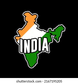 India vector map silhouette illustration isolated on black background. Sticker, made in India, map, silhouette, flag, emblem, identity, nation.