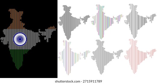 Mapa de vetor da Índia com forma de padrão de linha vertical em estilo diferente. Infográfico fronteiras geográficas, cidades, estados, províncias com padrão de linha vertical com bandeira indiana e mapa territorial