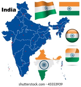 India vector set. Detailed country shape with region borders, flags and icons isolated on white background.