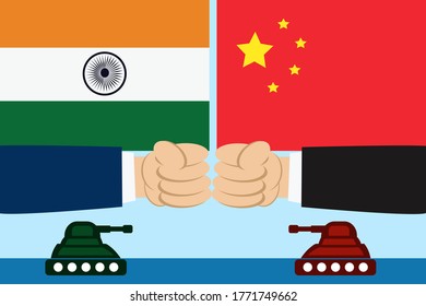 Indien gegen China: Vektor-Konzept: unbekannte Hände, die sich über die Tanks stoßen
