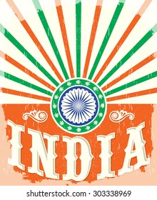 India vintage card - poster vector illustration, India flag colors, grunge effects can be easily removed