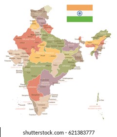 India vintage map and flag - highly detailed vector illustration