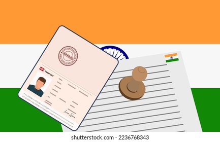 India visa, open stamped passport with visa approved document for border crossing. Immigration visa concept. Background with India flag. vector illustration