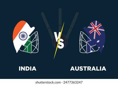 Indien gegen Australien Cricket-Match-Konzept.Rivalen-Flaggen beider Teams mit Cricket-Helm isolieren mit Ball, Korb und dunklem Hintergrund. Bearbeitbare EPS-Datei. IND vs AUS Match Concept.