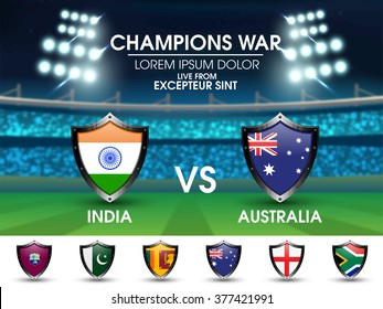 India VS Australia Cricket Match concept with other participant countries flags on stadium lights background.