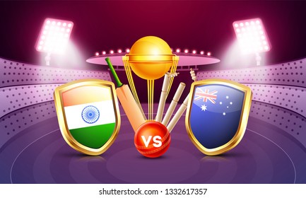 India vs Australia cricket tournament poster design with countries flag shields and cricket equipments illustration on night stadium view background.