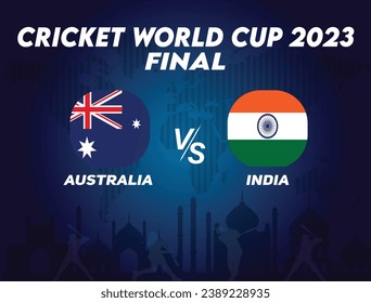 "Indien gegen Australien" Finale Cricket World Cup 2023 Spiel mit Flaggendesign auf der indischen Skyline für Cricket World Turnier. Sportliche Vektorgrafik-Sportpassungsvorlage oder -banner. Bearbeitbares EPS-Format