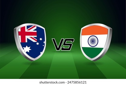 India vs Australia flag shields on a green field backdrop are icons of their fierce cricket competition