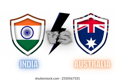 India vs Australia flag shields on a White background, Australia vs India vector isolated on white background.