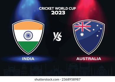 India vs Australia international cricket flag badge design on Indian skyline background for the final World Cup 2023. EPS Vector for sports match template or banner in vector illustration.