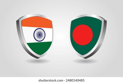 India vs Bangladesh flag shields on a white background, cricket championship competition vector illustration