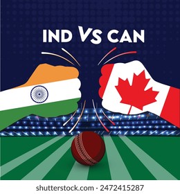 India vs Canada Match , Canada vs India cricket match ,Cricket match concept with creative illustration of participants clashing style hands on stadium