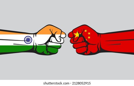 India vs China, con banderas, conflicto entre India y China. Isolación, ilustración vectorial sobre fondo blanco