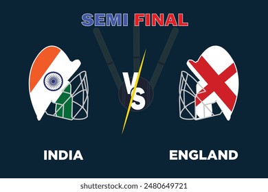 India vs England cricket match concept.Rival flags of both teams with cricket Helment isolate with ball, wickets and dark background. Editable EPS file. IND vs ENG match concept.