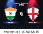 India vs England international cricket flag badge design on Indian skyline background for the final World Cup 2023. EPS Vector for sports match template or banner in vector illustration.