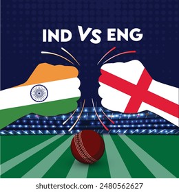 India vs England Match , England vs India Cricket Match , Cricket Match Konzept mit kreativer Illustration der Teilnehmer Kollision Stil Hände auf Stadion