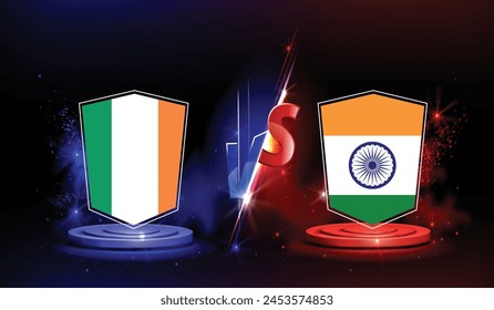 India vs Ireland International Cricket Match. Rival flags of both teams with badge shields. red and blue in the background. Editable EPS file.