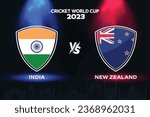 India vs New Zealand international cricket flag badge design on Indian skyline background for the final World Cup 2023. EPS Vector for sports match template or banner in vector illustration.