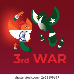 India vs Pakistan "3rd WAR" concept. Birds with national flag colors facing off, feathers falling. Symbolizes potential conflict, tension.