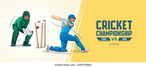 India VS Pakistan cricket championship vector banner design. illustration of batsman and wicket keeper playing cricket championship Vector banner.