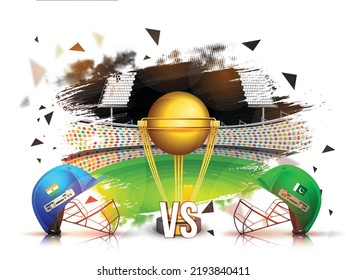 India VS Pakistan Cricket Match Concept With Batsman Helmets And Golden Trophy On Stadium Background.