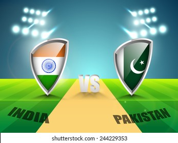 India vs Pakistan Cricket Match concept with their countries flag shield shining in stadium lights.