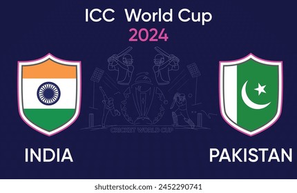 Diseño de insignia del partido de críquet INDIA vs PAKISTÁN en arte de críquet y fondo azul oscuro para la Copa Mundial de la Icc 2024 . VECTOR EPS para Plantilla de partidos deportivos o Anuncio en Ilustración vectorial