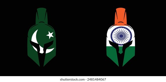 India VS Pakistan, Cricket Match concept with creative illustration of participant countries flag Batsman Helmets isolated on black background. IND VS PAK