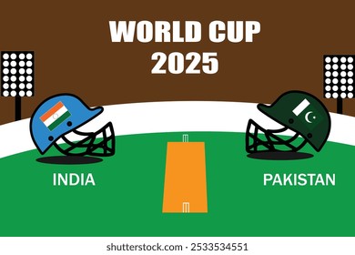 Concepto de partido de críquet India vs Pakistán: ilustración creativa con cascos de ariete de ambos países bajo luces nocturnas del estadio