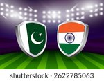 India vs Pakistan flag shields on a stadium background, cricket championship competition vector illustration	