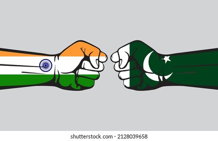 India VS Pakistan, hands with flags, conflict between India and Pakistan. Isolated, vector illustration on white background