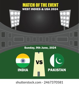 India VS Pakistan Match, Match of The event of 2024, Cricket match concept with creative illustration of participants countries on stadium style