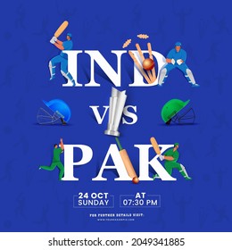 India VS Pakistan Match Show With Cricket Players And Winning Silver Trophy Cup On Blue Background.
