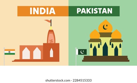 India vs Pakistan - represented by Indian flag and temple. Pakistan represented by Pakistani flag and mosque.