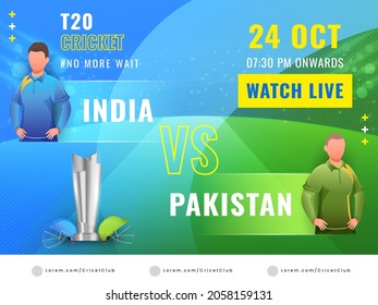 India VS Pakistan T20 Cricket Match Concept With Faceless Players On Abstract Blue And Green Background.