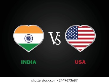 India Vs USA, Cricket Match concept with creative illustration of participant countries flag Batsman and Hearts isolated on black background