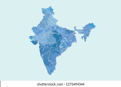 India watercolor map vector illustration in blue color with different regions or divisions on light background using paint brush on page