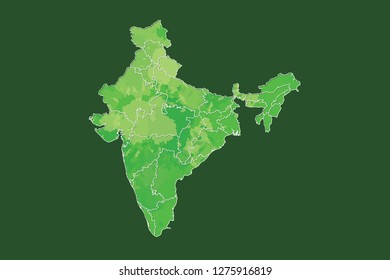 India watercolor map vector illustration in green color with different regions or divisions on dark background using paint brush on page