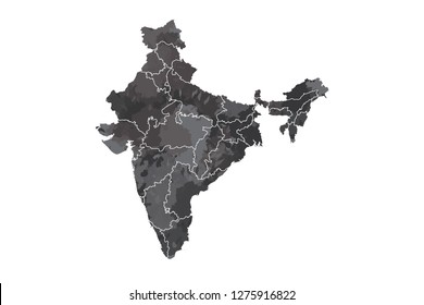 India watercolor map vector illustration in black color with different regions or divisions on white background using paint brush on page