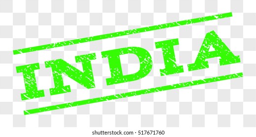 India watermark stamp. Text caption between parallel lines with grunge design style. Rubber seal stamp with dirty texture. Vector light green color ink imprint on a chess transparent background.