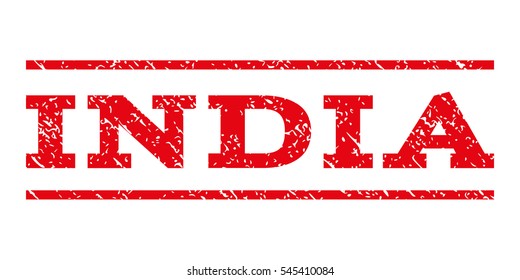 India watermark stamp. Text caption between horizontal parallel lines with grunge design style. Rubber seal stamp with dirty texture. Vector intensive red color ink imprint on a white background.
