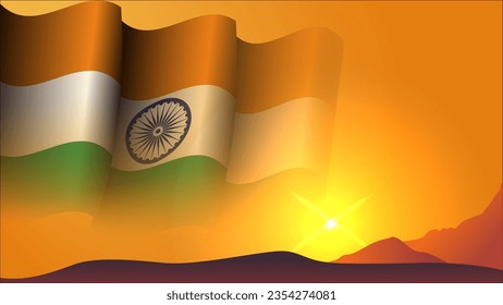india waving flag background design on sunset view vector illustration with hills