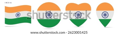 India waving flag, round circle sticker badge, heart shaped icon, map pin. Indian flag buttons of different shapes. Vector illustration isolated on white.