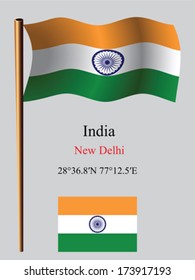 india wavy flag and coordinates against gray background, vector art illustration, image contains transparency