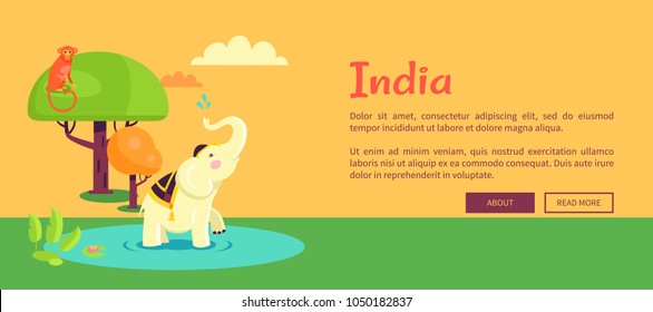 India web poster with elephant wearing asian traditional clothing in puddle surrounded by green grass and c flowers and monkey on tree vector poster