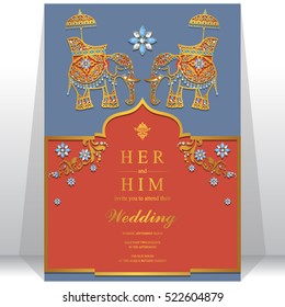 India wedding card, Gold pattern and crystals color.