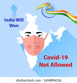 India will won against Covid-19 conceptual vector graphic. Protective mask on map from protection to ncov-2019. India against Novel Coronavirus.